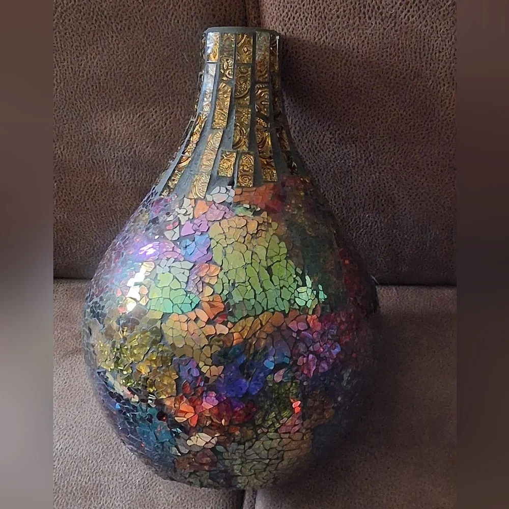 Iridescent Aurora Borealis Mosaic Vase Burgundy, Gold, Blue, Purple